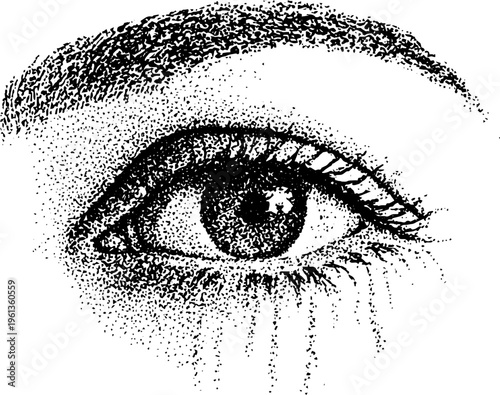 Stipple black and white closeup eye with dotted tear streaks and eyebrow for emotive background poster and banner design