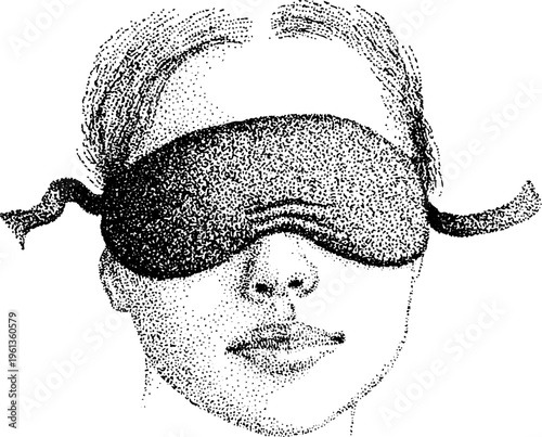 Woman wearing a tied sleep mask in black and white stippling for relaxation poster background and editorial wellness design