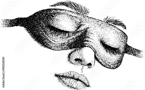 Closeup portrait of a woman with a soft eye mask in black and white stippling for relaxation poster background and beauty editorial