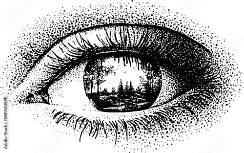 Black and white stippled eye with a universe reflection in the pupil for surreal nature background and poster design