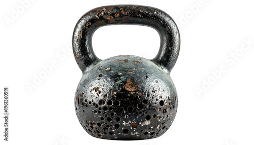 Close-up of a weathered, textured, cast iron weight with handle, isolated on black