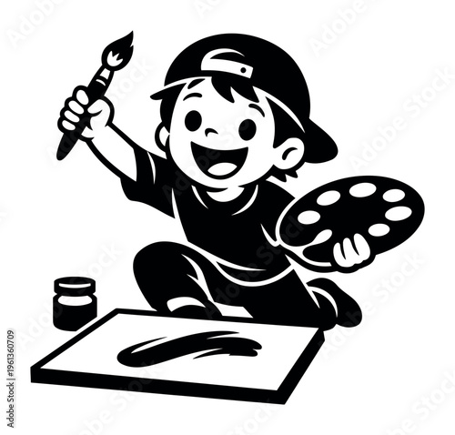 Young boy happily painting on canvas, holding a brush and palette, symbolizing creativity, artistic development, and childhood fun