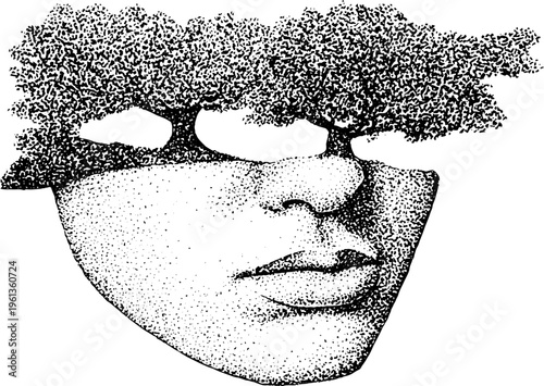 Black and white female face with tree canopy obscuring the eyes for surreal nature background and poster design