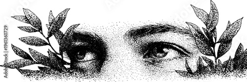 Black and white stippled female eyes framed by leafy branches botanical gaze illustration for background poster and banner design