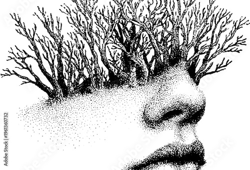 Stippled profile with tree branches emerging from forehead botanical surreal portrait illustration for poster background and editorial design