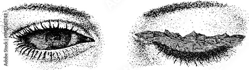 Black and white stippled eye and textured eyelid composed of contour lines for graphic design background and poster