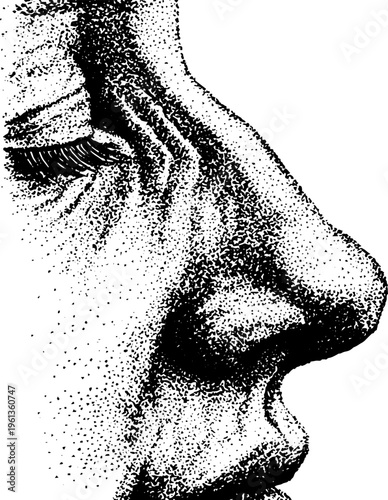 Black and white stippled facial profile with topographic dotwork contour lines detailed nose and eye study for art background and design