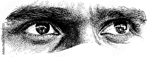 Black and white stippled closeup of intense eyes with contour line texture for dramatic banner and background graphic design