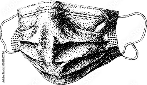 Stippled black and white surgical face mask illustration with ear loops and folds for medical poster background and safety design
