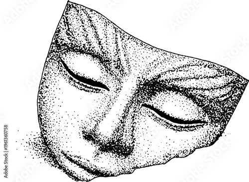 Stippled black and white broken theatrical face mask fragment with closed eyes for antique drama poster and surreal background
