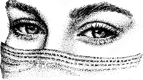 Stippled black and white portrait of eyes with folded face sheet mask illustration for vintage medical poster background