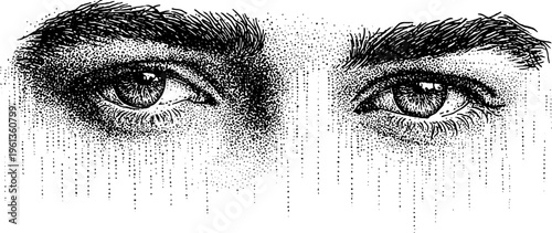 Pair of stippled eyes blending into vertical code rain in black and white for banner background and editorial design