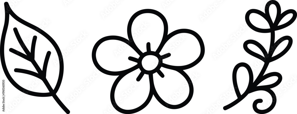 Fototapeta premium Simple line drawing of three types of botanical illustrations: leaf, flower, and plant stem