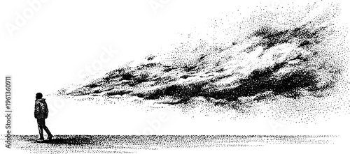 Solitary figure dispersing into particles carried by wind black and white stipple drawing for surreal background and conceptual poster design