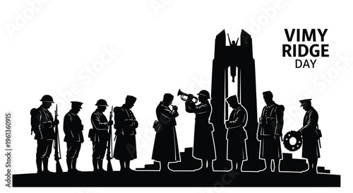 Silhouette of soldiers and a monument commemorating vimy ridge day in black and white