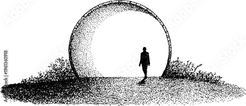 Stippled solitary figure entering circular portal in black and white for background and poster design