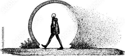 Stippled walking figure stepping through circular portal frame in black and white for background and poster design