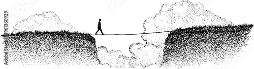 Silhouette of person walking on tightrope above chasm black and white stipple illustration for banner and background design