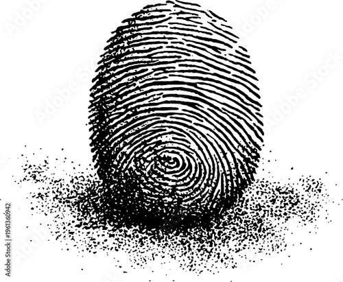 Close up fingerprint spiral ridge detail black and white stipple forensic illustration for identification background design