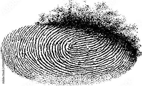 Detailed fingerprint spiral ridge closeup in black and white stippling for forensic texture background and identification design