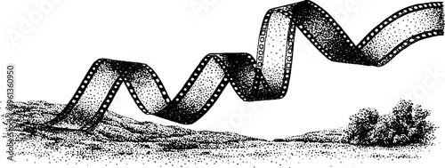 Waving film strip with perforated frames black and white stipple illustration for cinematic background or poster design