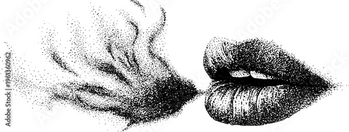Stippled lips exhaling flame black and white stippling art for dramatic poster background and design element