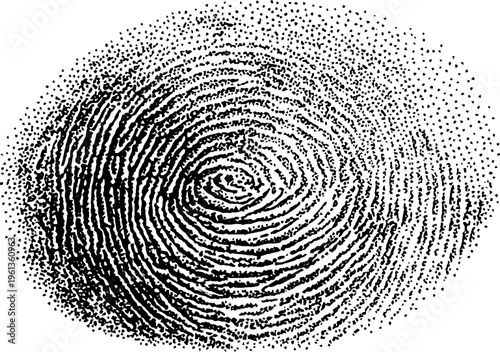High contrast fingerprint spiral ridges in black and white stipple for forensic texture background and identification design elements