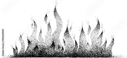 Row of stippled flames black and white stippling art for banner background and decorative design element