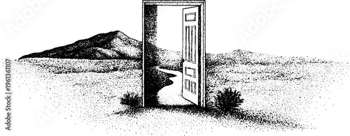 Surreal open door standing in desert landscape with distant dunes and path in black and white stippling for poster and background design