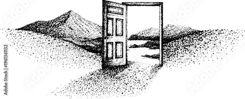 Double panel floating door framed in mountainous desert with stippled black and white ink texture for surreal banner and background