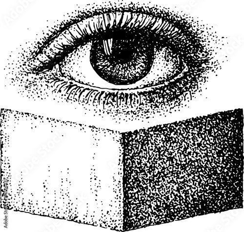 Stippling eye above a geometric cube black and white dotwork illustration for background and poster design