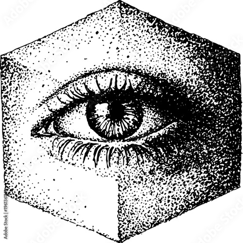 Detailed stippled human eye inside a geometric cube in black and white ink for surreal poster and background design