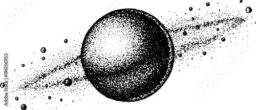 Stippling planet with orbiting geometric shapes black and white dotwork illustration for background and banner design