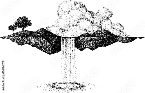 Floating landmass with tall waterfall and cloud top in black and white stipple dotwork for surreal background and poster design