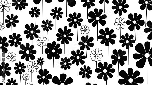 Daisy flowers arranged in dense black and white field, no seamless