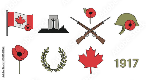 Remembrance day symbols canadian flag poppies war memorial and military items