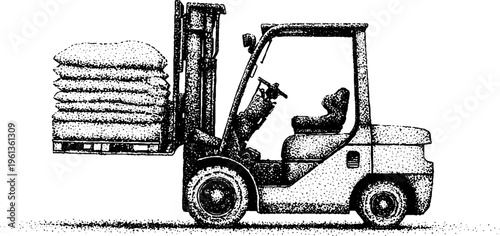 Forklift carrying heavy pallet load in black and white stippling for industrial banner and workplace safety design background