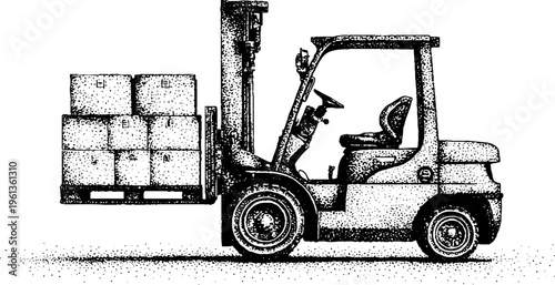 Monochrome stippling illustration of a forklift carrying boxed pallet load in profile for warehouse poster, packaging mockup and industrial design background