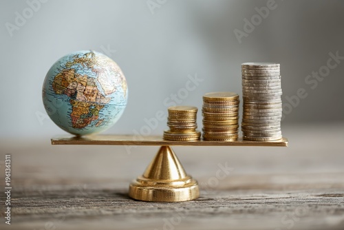 Balancing globe and coin stacks on gold scale representing global economy and finance