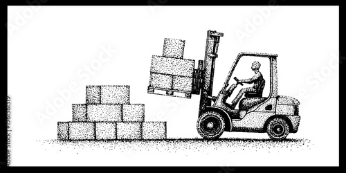 Black and white stipple scene of a forklift lifting a pallet of boxes beside a stacked pile for warehouse layout, safety poster and industrial background design
