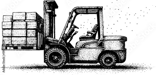 Side view black and white stipple drawing of a forklift transporting stacked pallets for industrial banner and packaging design or logistics background art