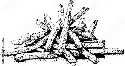 Crispy french fries pile black and white stippled food illustration for menu background packaging and culinary design projects