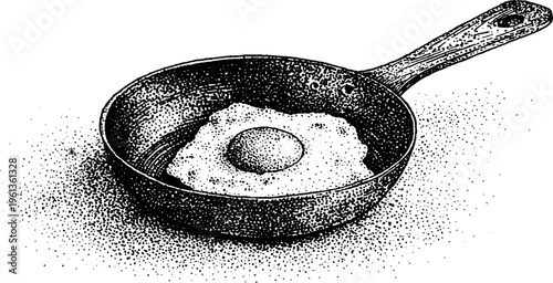 Stippled black and white frying pan with fried egg and sizzling texture for menu design packaging label and background