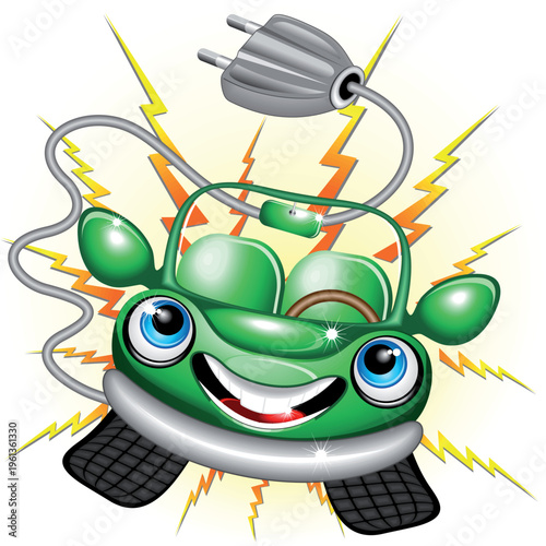 Cute and joyful eco-friendly ecological green car cartoon character looking very happy surrounded by electricity lightning. Original vector illustration