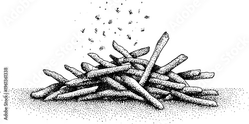 Stippled black and white scattered french fries with salt granules for menu design packaging label and background