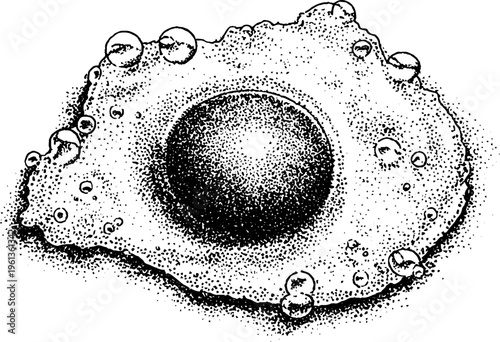 Stippled black and white closeup of a fried egg with sizzling bubbles for menu design packaging label and background