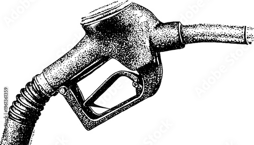 Stipple black and white fuel pump nozzle with hose and handle for automotive background and industrial illustration