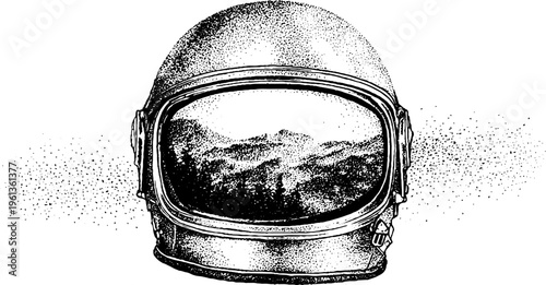 Front view stippled helmet with clear visor showing mountain landscape reflection for banner background and graphic design