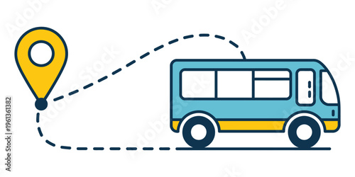 Bus travel route icon with starting line, dotted path navigation leading to map pin location, public transport journey concept, route planning illustration, minimal flat design, vector isolated on 