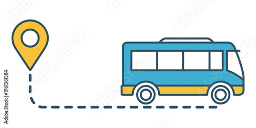 Bus icon with line start point, bus driving on dotted route with map pin, public transport navigation concept, travel path illustration, route tracking symbol, city transit design, vector isolated on 